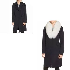 Derek Lam 10 Crosby Navy Reefer Coat W/ Faux Fur